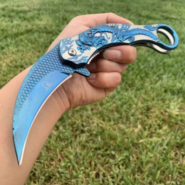 9” CSGO Blue Dragon Karambit Spring Assisted Open Blade Folding Pocket Knife