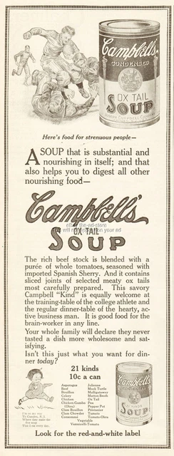 1912 Campbell Ox Tail Soup Kid Camden NJ Football Food For Strenuous People Ad