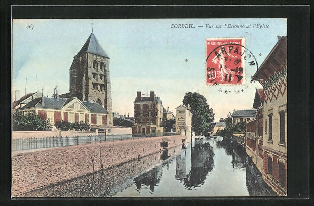 CPA Corbeil, Vue sur l´Essonne et l´Église 1911