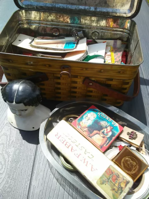 Vintage Tin Sewing Basket Full of Old Accessories and Findings Mixed Lot C5