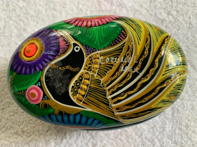Cozumel Mexico Trinket Box Pottery Clay Glazed Bird Botanical Hand Painted Vivid