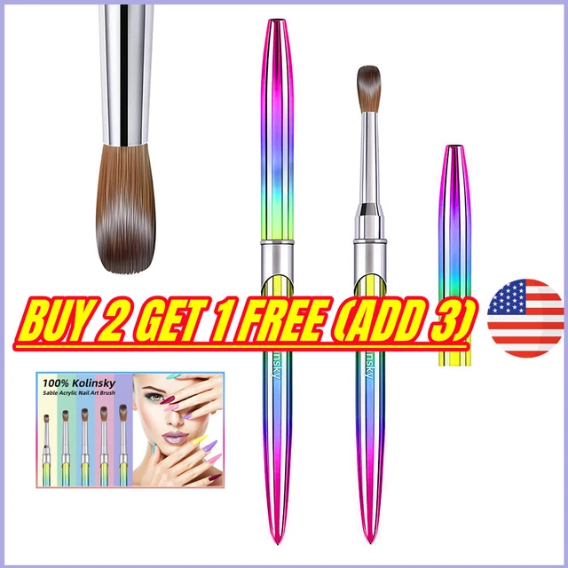 Cepillo de uñas de acrílico Kolinsky con tapa mango de cristal arco iris #2-18 (RIZADO) EE. UU.