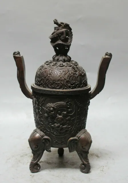 16" Chinese Fengshui Copper Dragon Lion Elephant Statues Incense Burner Censer