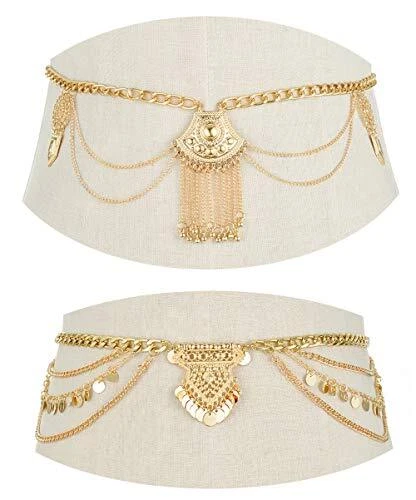 2 PCS Waist Belt Chain Vintage Dangle Dancing Tassel Body A:2pcs,Gold Tone
