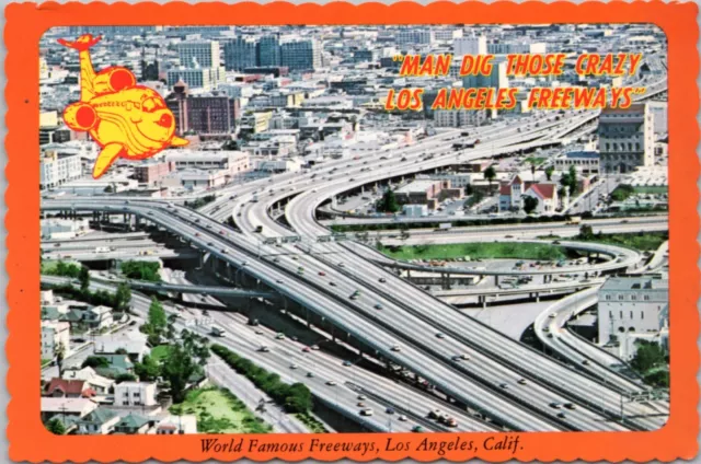 Postcard CA Los Angeles Aerial view of Harbor - Santa Monica Freeway interchange
