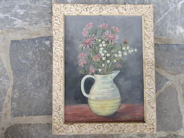Tableau ancien huile Nature Morte bouquet de fleurs sauvage.signé Montillon. 60.