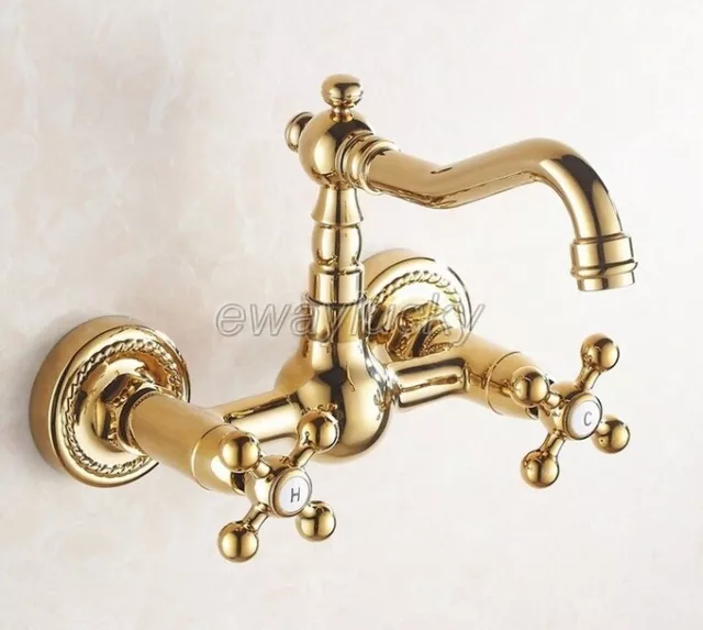 Grifo mezclador de doble mango de latón de color dorado montado en pared baño cocina