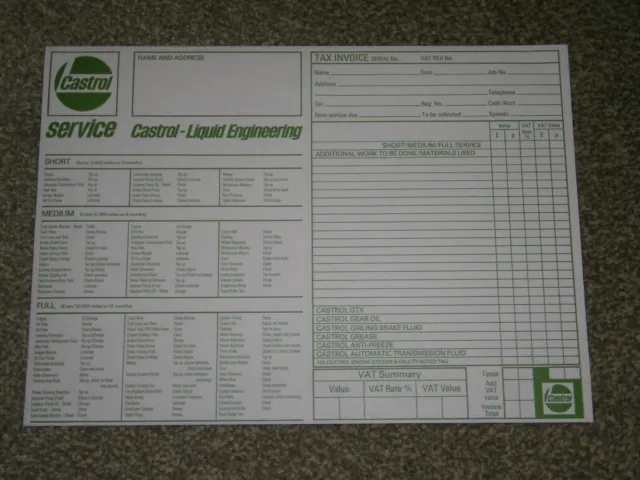 Genuine Castrol Service Sheet. Suitable For Classic Motor Vehicles