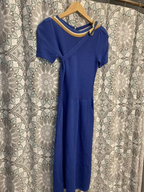 Vintage St John Marie Gray Knit Santana Dress Blue With Belt With Pockets*