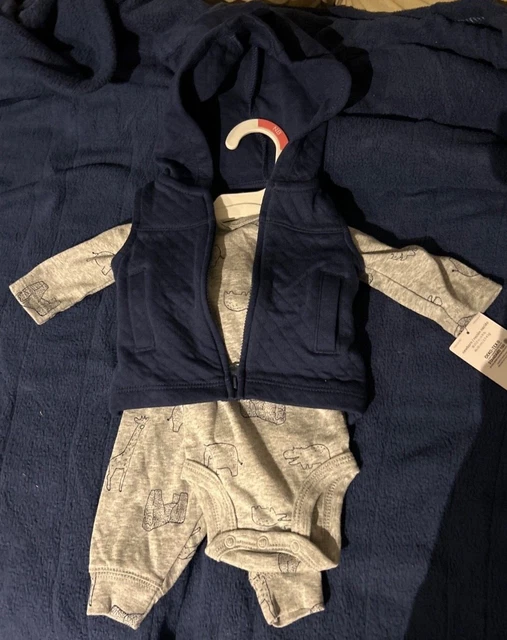 New 3 Piece Carter’s Gray Baby Boy Outfit Set with Blue Vest Size Newborn