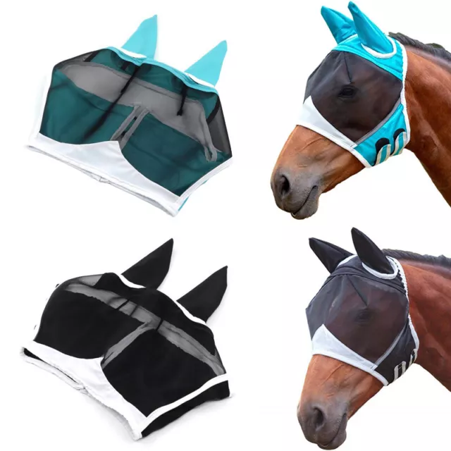 Horse Fly Mask Elasticity Anti-Mosquito Ears Eye Protection Full Mesh Anti-UV UK