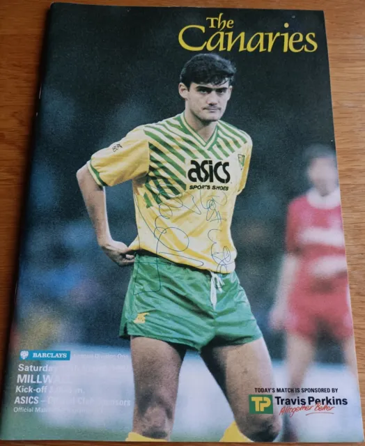 Norwich City v Millwall 1989/90 signed programme