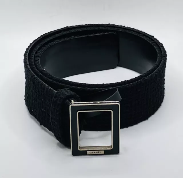 Chanel B13 2013 P Collection Black Tweed & Leather Art Deco Belt Buckle Size 40