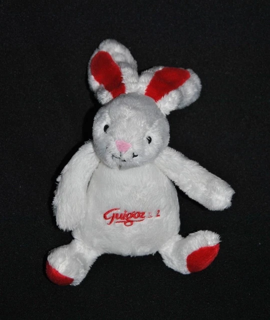 Peluche Doudou Lapin Blanc GUIGOZ 2  Assis Oreilles Pattes Rouge Nez Rose TTBE
