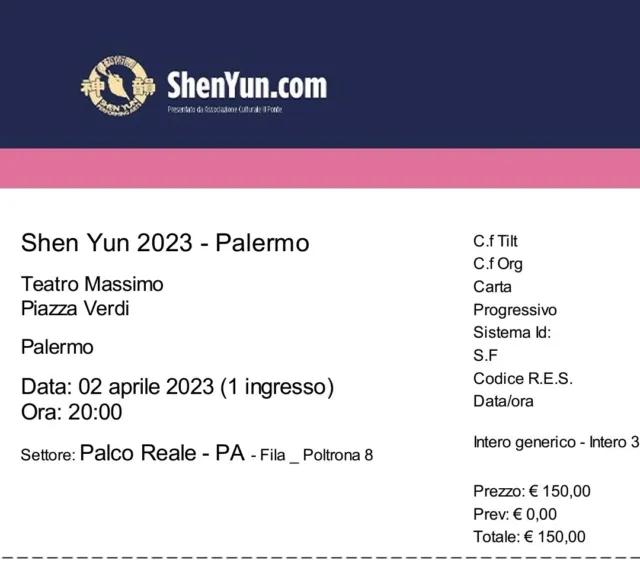 Vendo biglietti Shen Yun domenica 2 aprile 2023 Palermo, Palco Reale 