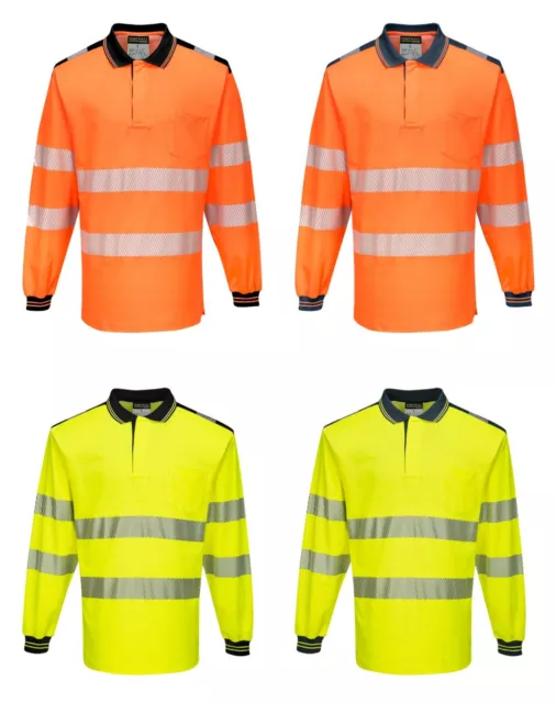 Portwest T184 PW3 Hi Vis Safety Breathable Cotton Long Sleeved Polo Shirt