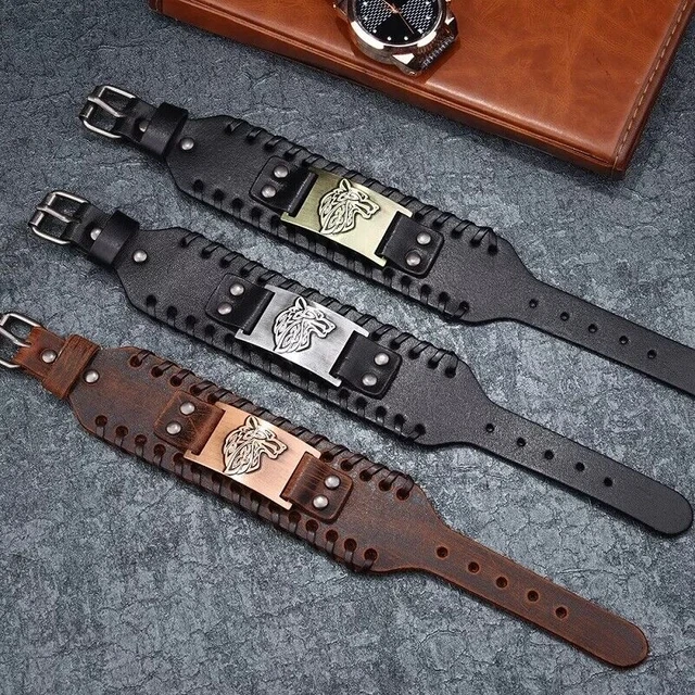 Bracciale Uomo In Pelle Artigianale Regolabile - Polsino Largo Nero E Marrone Con Metallo