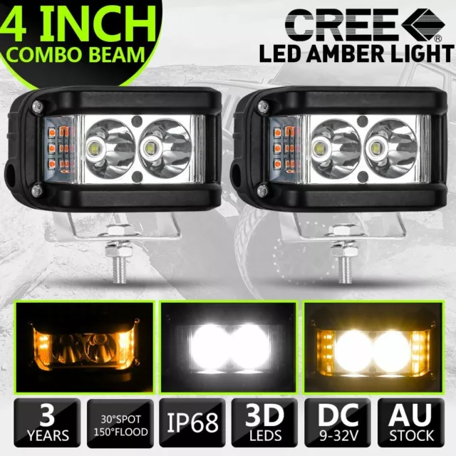 Pair 4 Inch Work Cube Side Shooter LED Light Bar Driving Pods White/Amber 4WD