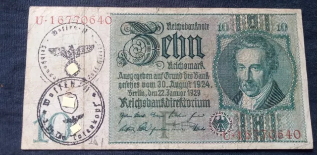 German 3rd Reich WW2  10 Reichsmark Note With 1st & 3rd Panzer Division  stamps