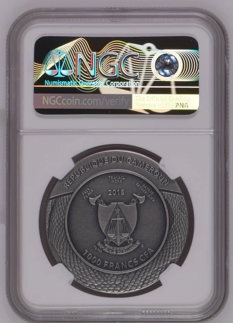 NGC MS70 Cameroon 2018 Clade Mortis Carved Skull Silver Coin 1oz COA 2
