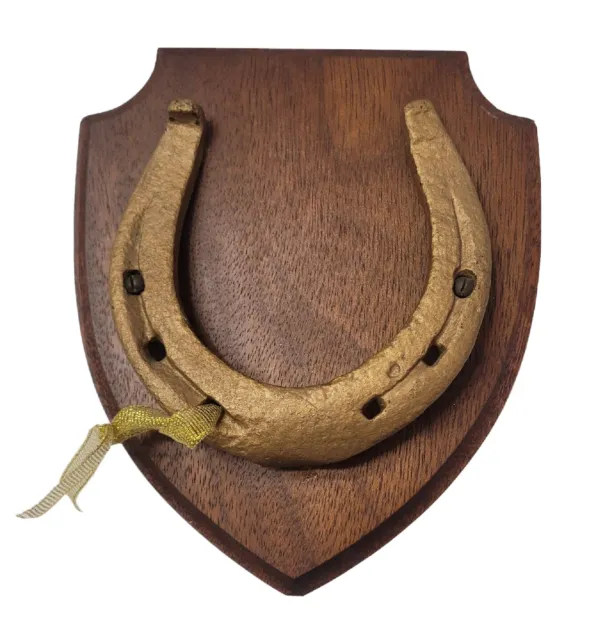 Vintage Horseshoe Brass Wall Plaque Wood Mount Horse Racing