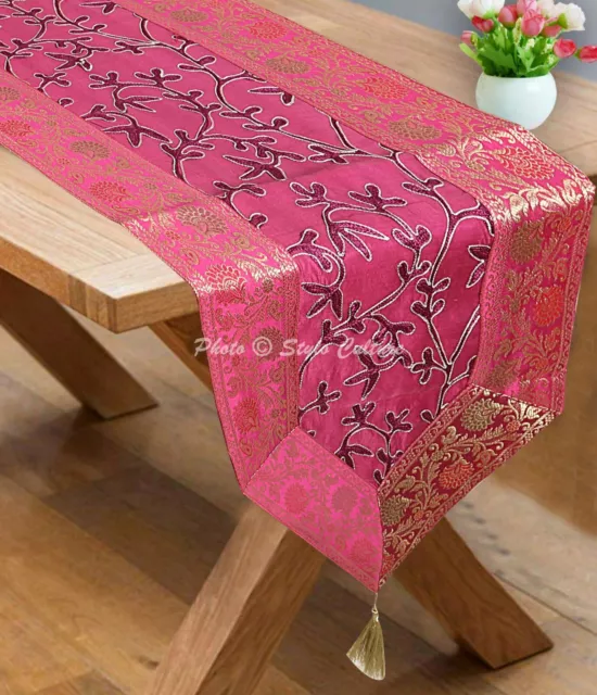 Indian Christmas Table Runner Embroidered Zari Pink Brocade Table Linen Decor