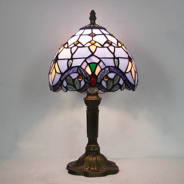 13.8" Tall Table Lamp Baroque Design Stained Glass Shape Dia 8" Retro Tiffany