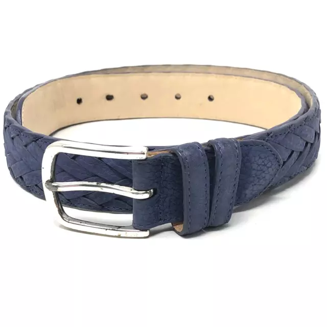 Bullock & Jones Belt Blue Suede Leather 85/32 Braided Woven Hand Made in Spain