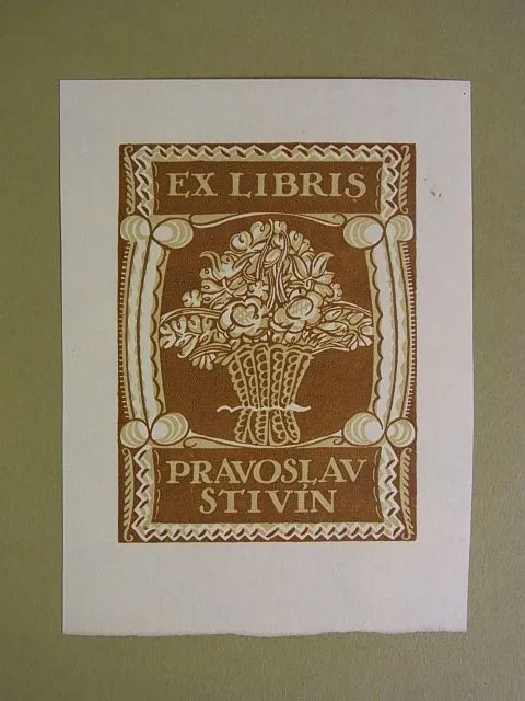 Slavoboj Tuzar: Exlibris Pravoslav Stivín. Motiv: Blumenkorb. Linolschnitt