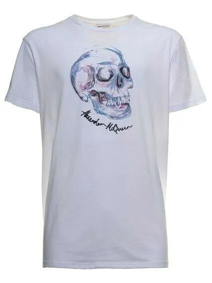 ✅ Alexander mcqueen T-Shirt TG. S-M-L-XL-XXL tshirt Bianco Logo Teschio