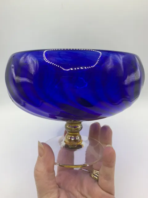 cobalt blue glass bowl swirl design crystal hand blown signed pedistal