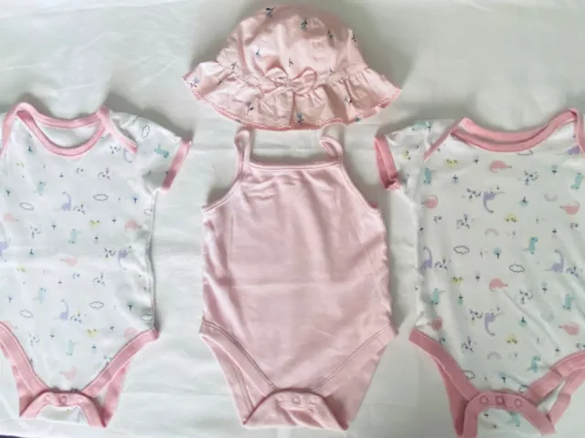 Baby Girls Pink Sun Hat age 6-12 Months & 3x Pretty Popper Vests age 6-9 Months