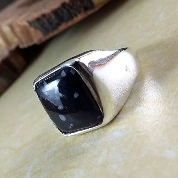 Solid 925 Sterling Silver AAA Snowflake Obsidian Gemstone Hug Signet Men's Ring