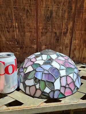 Vtg Tiffany Style Stained Glass Lamp Shade Leaded Slag Flowers 10"× 5"