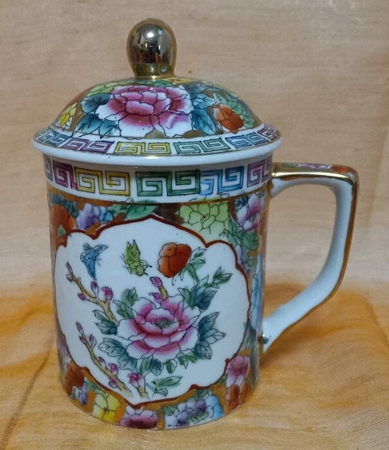 Chinese Thousand Flower Mug Gold Trimmed Hand Painted Tea Cup with Lid