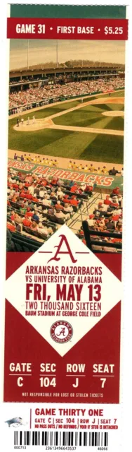 Arkansas Razorbacks SEC Baseball Ticket Stub Alabama Game 5/13/16 Baum Stadium