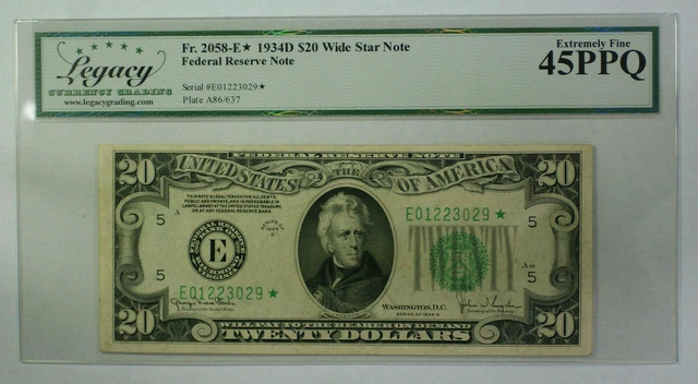1934 D $20 Twenty Dollar FRN Wide *Star* Note Fr. 2058-E Legacy XF-45 PPQ