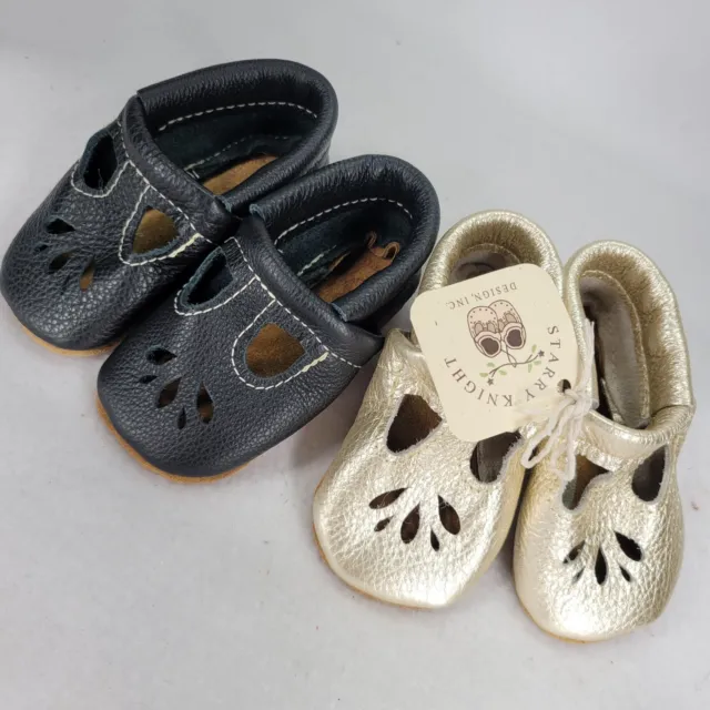 Starry Knight Design Leather Baby Moccasins Size 3 9-Months Black Gold 2 Pairs