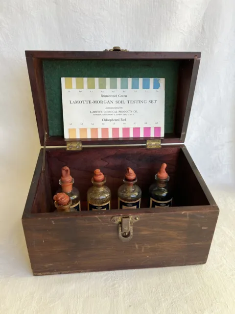 Kit de prueba de suelo vintage LaMotte químico Morgan caja de madera botellas antiguas