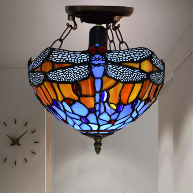 Tiffany 10 inch Dragonfly Style Ceiling Lamp Multicolored Stained Glass Shade