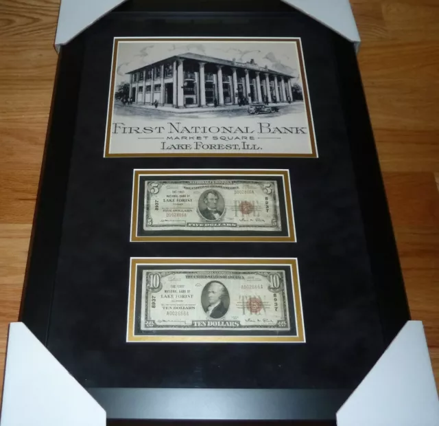 $5 & $10 1929 First Bank Of Lake Forest, Illinois National Currency Framed Lot