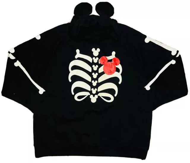 Disney Parks Women's Black Minnie Mouse Skeleton Light-Up Hoodie W/ Ears; 2XL
