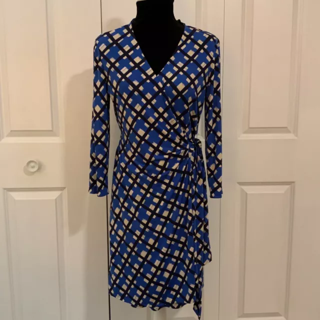 Donna Morgan Blue Black Geo Print Jersey Knit Long Sleeve Wrap Dress Size 10