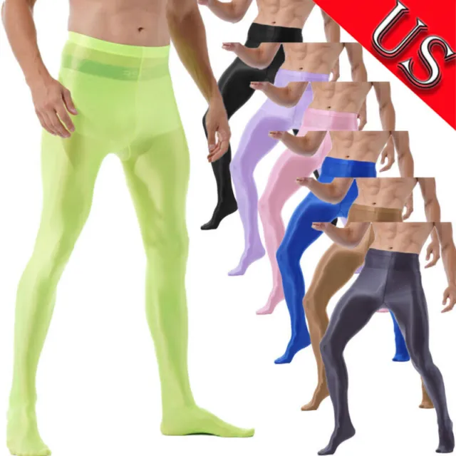 US Men Glossy Silk Ice Socks Stockings Footed Tight Pantyhose Workout Yoga Pants