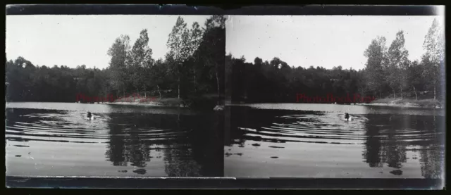 Lac Baigneur c1910 Photo NEGATIVE Plaque verre Stereo Vintage V33L4n