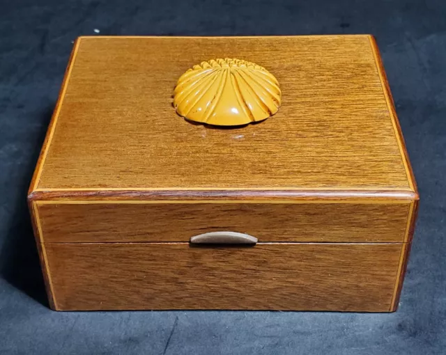 Vintage Art Deco Exotic Wood Keepsake Box With Bakelite Floral Medallion