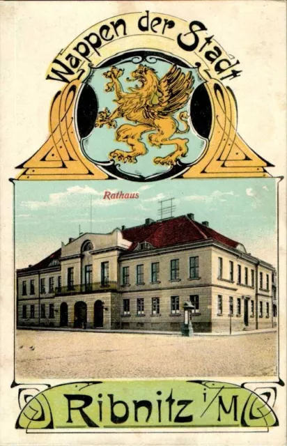 AK GRUSS AUS RIBNITZ Damgarten VORPOMMERN RÜGEN RATHAUS + WAPPEN COL. UM 1910