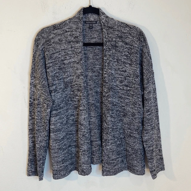 Eileen Fisher Black Gray Knit Open Cardigan Sweater, Size-M