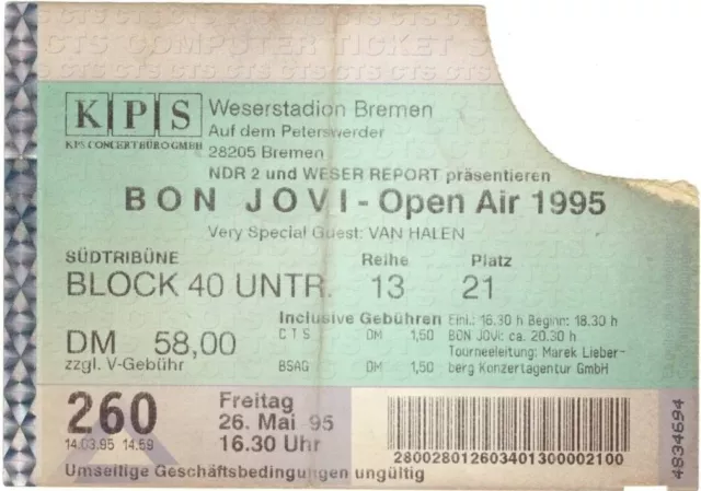 Bon Jovi - Open Air - Altes Konzert-Ticket 2100 - Bremen vom 26.05.1995 - s.Bild