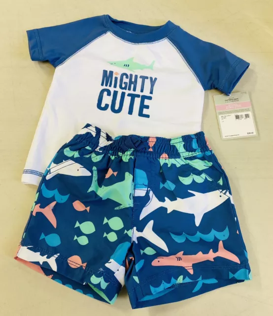 Carters Baby Boy Swim Set Rash Guard Shorts Mighty Cute Shark 9 Month